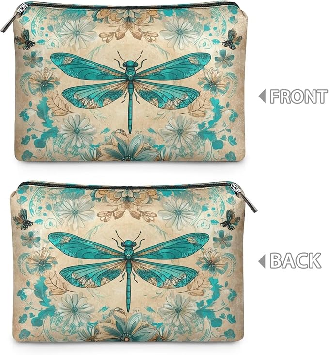 COEQINE Dragonfly Cosmetic Makeup Bag for Women Western Leather Cosmetic With Zipper for Travel Cosmetic Case for Ladies Party Bag Leather Purse for Women Small Cosmetic Wallet for Birthday Party