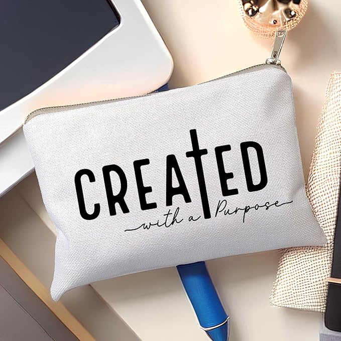 Created With a Purpose Women Makeup Bag Christian Decor Self Love Gift Toiletry Bag Religious Faith Cosmetic Pouch Linen Cotton Inspirational Multi-Purpose Bag Gift