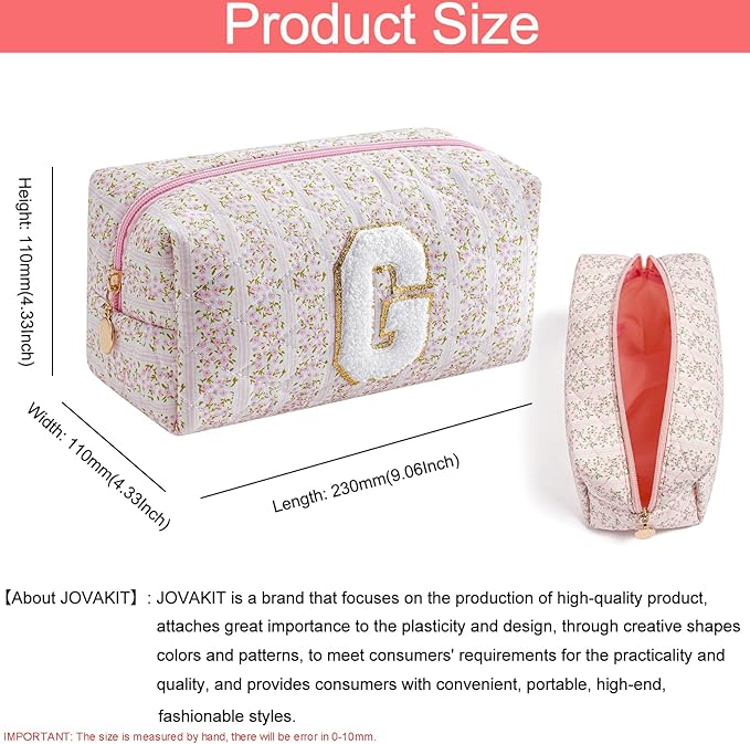 JOVAKIT Makeup Bag Cosmetic Bags for Women, Christmas Gifts for Girls Age 6-18, Alphabet Pink Floral Coquette Zipper Travel Makeup Pouch, Organizer Case Trendy Stuff (Pink+ Blue G)