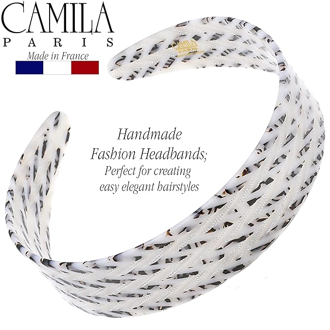 Camila Paris CP3462 French Headband for Women, Handmade White and Gray, Strong Hold Grip Women's Hair Band, Ligth and Very Flexible, No Slip and Durable Styling Girls Hair Accessories, Made in France