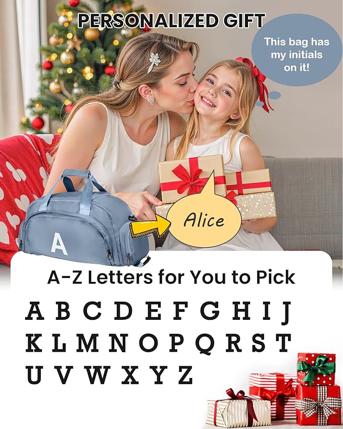Gifts for Teen Girls 8-14, Initial Gym Bags with Shoe Compartment, Personalized Girl Present Duffel Bag, Monogram Kid Overnight Bags, Ballet Sport Travel Duffle Tote (Letter I)