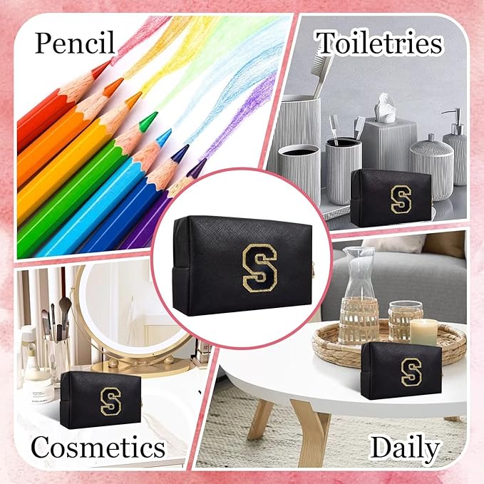 Small Personalized Letter Makeup Bag, Cute PU Leather Chenille Letters Cosmetic Bag Travel Makeup Pouch, Preppy Travel Organizer Zipper Pouch for Women&Girls（Black-S）