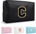 Personalized Initial Preppy Patch Makeup Bag, Small Cute Black Travel Toiletry Pouch Monogram Cosmetic Organizer with Zipper, PU Waterproof Make Up Case Storage Gift for Coworker Teacher Her(Letter C)