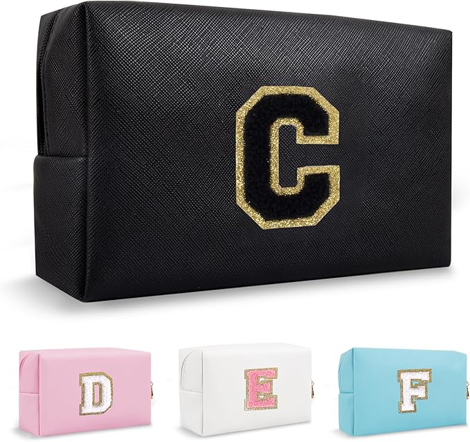 Personalized Initial Preppy Patch Makeup Bag, Small Cute Black Travel Toiletry Pouch Monogram Cosmetic Organizer with Zipper, PU Waterproof Make Up Case Storage Gift for Coworker Teacher Her(Letter C)