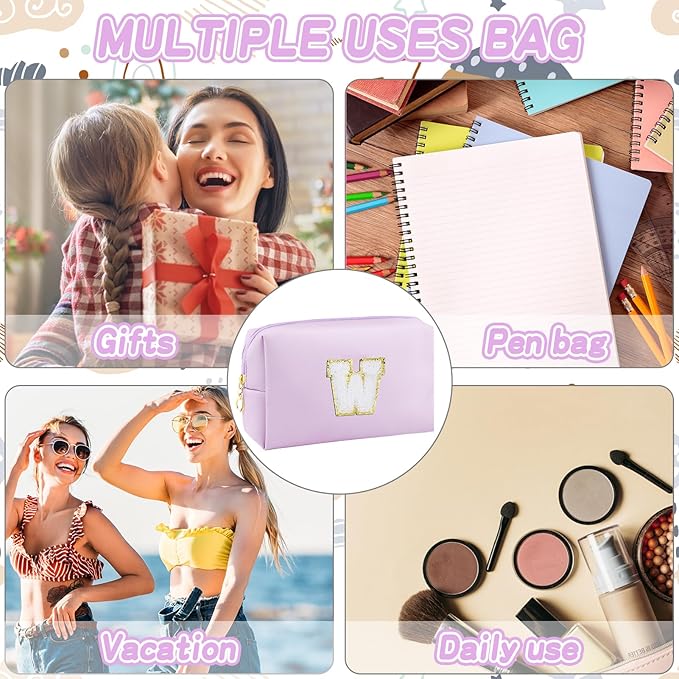 Gifts for Girls Initial Makeup Bag Personalized Cosmetic Bag with Zipper Cute Travel Toiletry Bag Waterproof PU Preppy Makeup Pouch Birthday Gift for Teen Girls Women(Purple W)