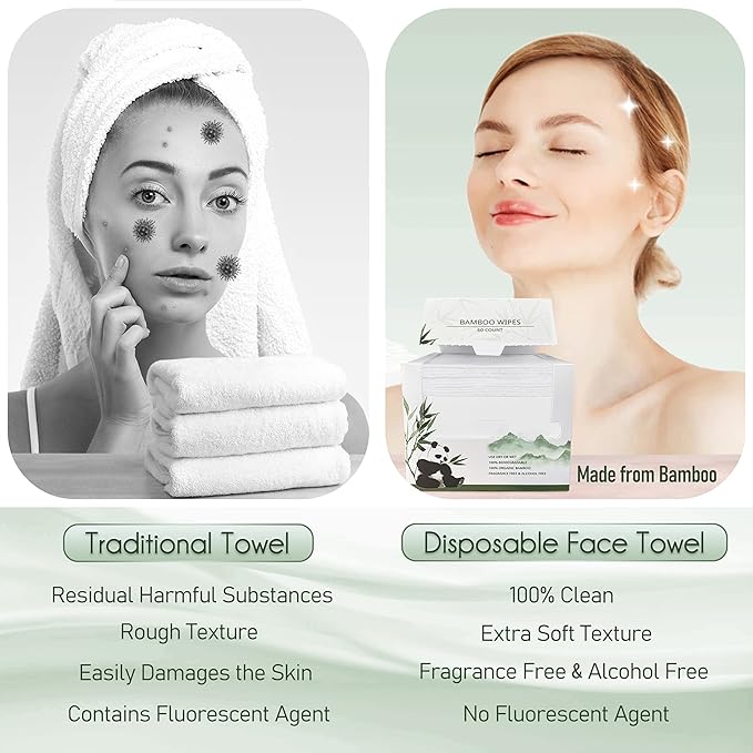 Bamboo Viscose Disposable Face Towel Biodegradable Large Dry Face Wipes 120 Count Extra Thick Soft Clean Facial Towels for Sensitive Skin, Makeup Removing, Facial Cleansing