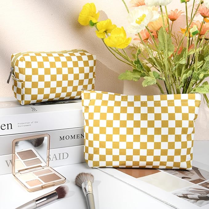 SOIDRAM 2 Pcs Checkered Makeup Bag Large Cosmetic Bag Toiletry Bag Makeup Pouch Travel Bag Organizer Cute Makeup Brushes Aesthetic Accessories Storage Bag for Women Golden Yellow