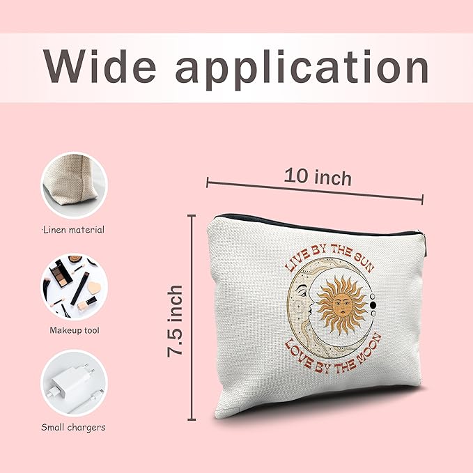 Nogrit sun and moon makeup bag,Tarot Makeup Cosmetic Bag,Live by the Sun Love by the Moon,Tarot Makeup Travel Toiletry Bag,Gifts for Tarot Astrology Lovers Women