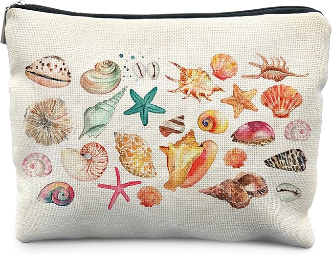 Coastal Beach Makeup Bag, Ocean Beach Themed Gifts Cosmetic Bags for Women, Gifts for Ocean Lovers, Colorful Seashell Starfish Beachy Zipper Makeup Pouch