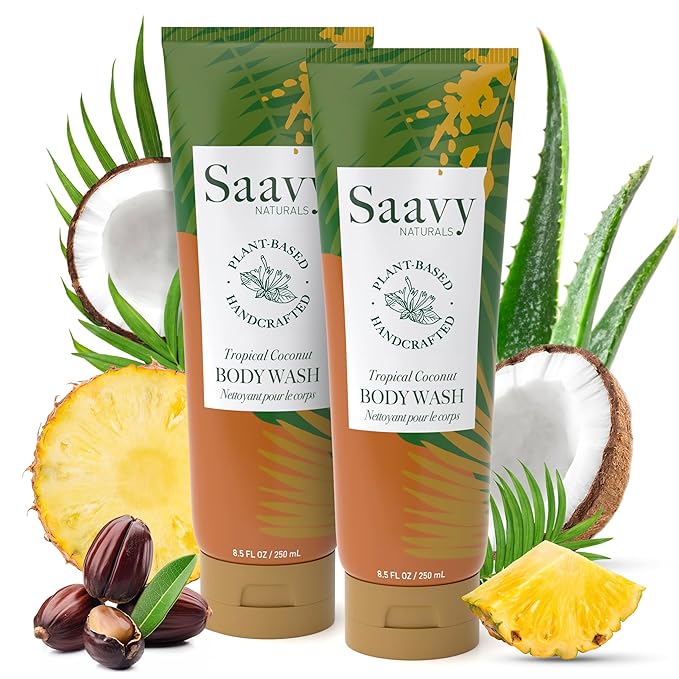 Saavy Naturals Body Wash Tropical Coconut Plant-Based Ingredients| Made In Usa | Sensitive Skin Body Wash, l Organic & Vegan Formula With Coconut Oil, Shea Butter, And Aloe Vera - 8.5 Fl Oz, 2 Pack