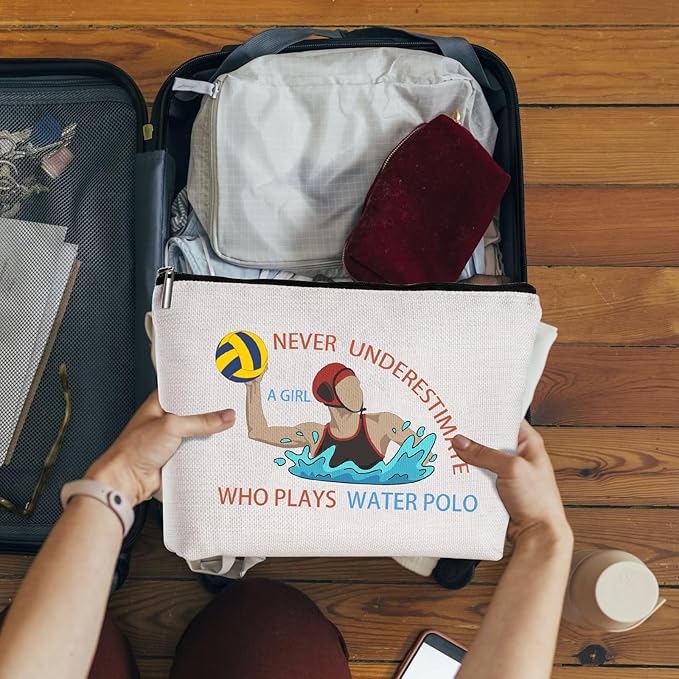 Water Polo Makeup Bag,Never Underestimate a Girl Who Plays Water Polo - a Ideal Gift for Beach Game, Poolside & Travel - Large Capacity Travel Toiletry Bag