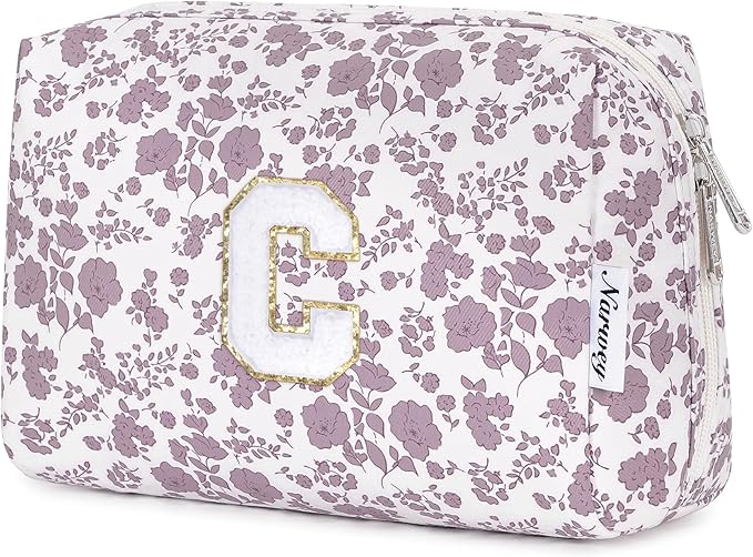 Narwey Birthday Gifts for Teen Girls Kids Women Personalized Initial Floral Makeup Bag Cute Cosmetic Trendy Stuff 6 8 10 11 12 13 14 16 18 Years Old Travel Toiletry Bag (Little Dusty Pink Flower C)