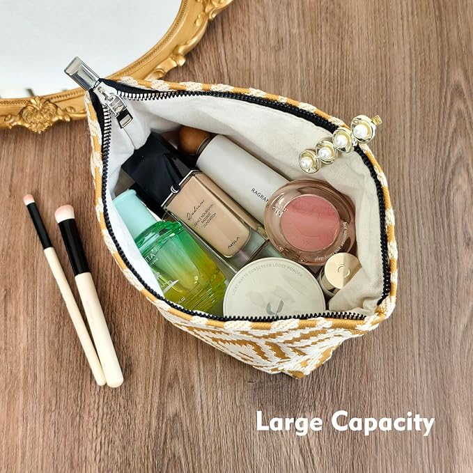 STARDW Parallel Checkered Makeup Bag Cute Cosmetic Bags for Women Girls, Travel Toiletry Bag Large Capacity Zipper Makeup Pouch, Purse Organizer Pouches(Embroidery Yellow)