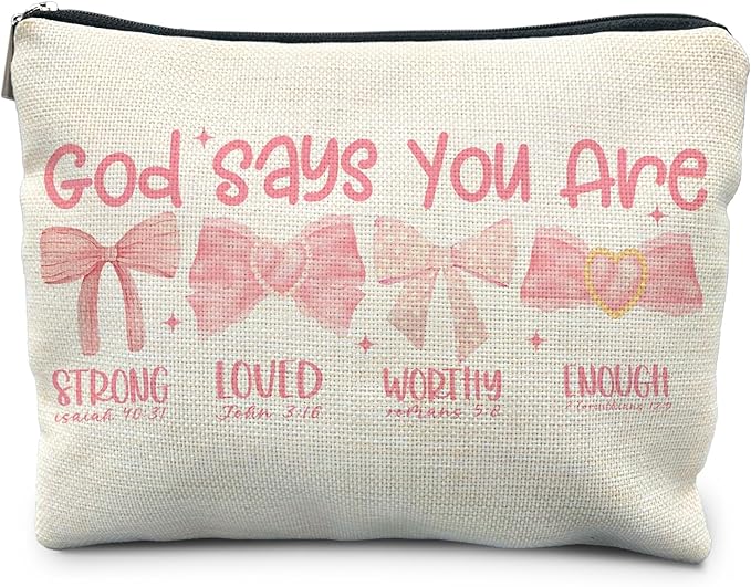 Bow Makeup Bag - God Says You Are Strong, God Gift for Women, Encouragement Gift for Teen Girls, Pink Bows Bible Verse Scripture Christian Makeup Bag Cosmetic Pouch