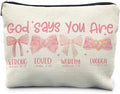 Bow Makeup Bag - God Says You Are Strong, God Gift for Women, Encouragement Gift for Teen Girls, Pink Bows Bible Verse Scripture Christian Makeup Bag Cosmetic Pouch