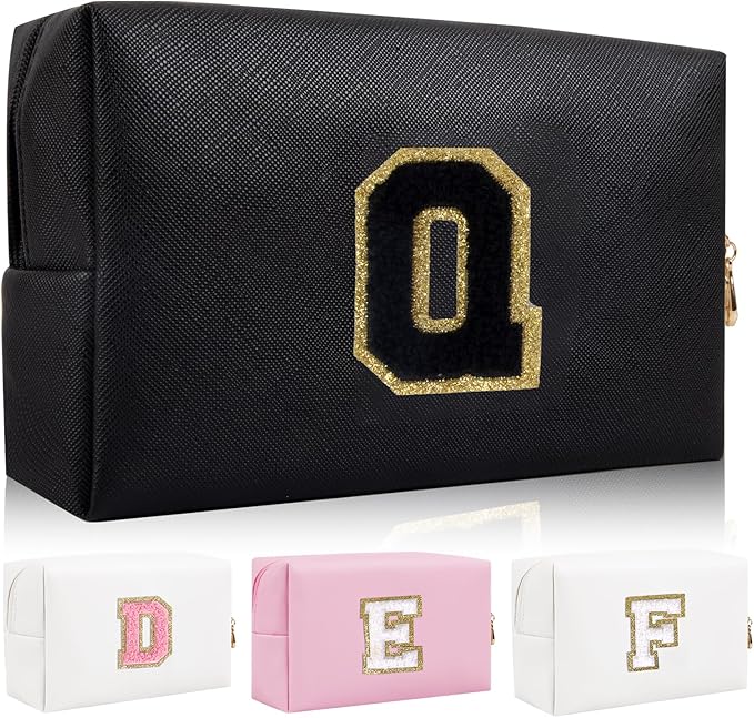 Personalized Initial Letter Patch Makeup Bag, Preppy Portable Chenille Cosmetic Bag with Zipper, PU Leather Waterproof Travel Toiletry Bag Monogram Make Up Pouch for Women Girls