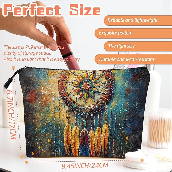 Cosmetic Bags Travel Makeup Toilet Case Waterproof Pouch for Women Girls 6.7X9.45inches - Ornate Dreamcatcher With Colorful Feathers And Beads