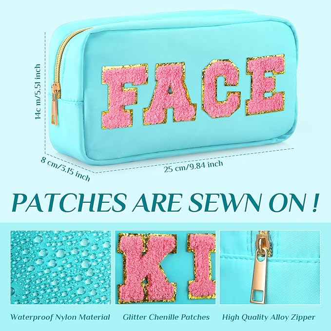 Remerry 4 PCS Nylon Cosmetic Bags Waterproof Spacious Travel Makeup Organizer for Women Chenille Letter Preppy Zipper Pouch Face Stuff Skin Hair Organizer Gift(Light Blue)