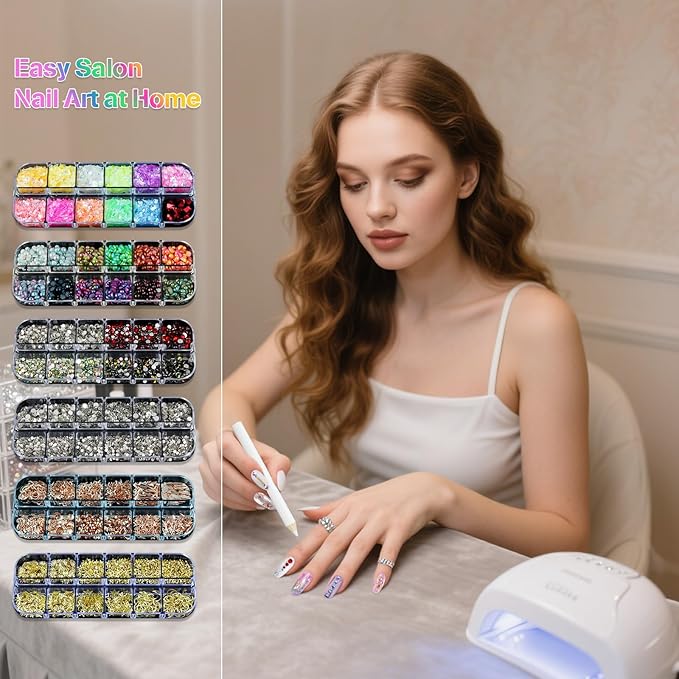 Artdone Nail Art Studs Kit, 6 boxes Multicolor And Design 3D Charms Pearls With 15 Sheets Gold Nail Stickers, Diamond Cute Nail Jewels For DIY Decoration with Pickup Tools