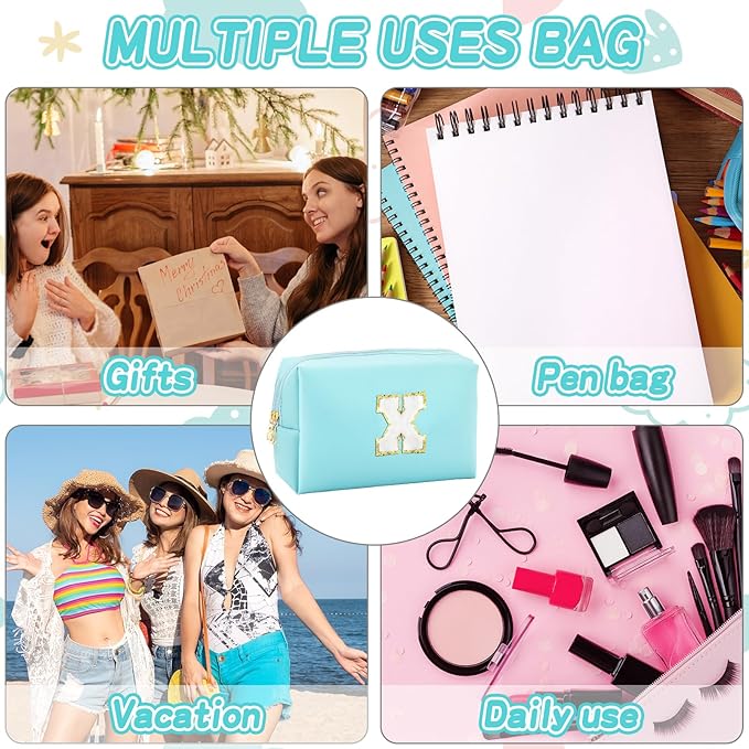 Gifts for Girls Initial Makeup Bag Personalized Cosmetic Bag with Zipper Cute Travel Toiletry Bag Waterproof PU Preppy Makeup Pouch Birthday Gift for Teen Girls Women(Blue X)