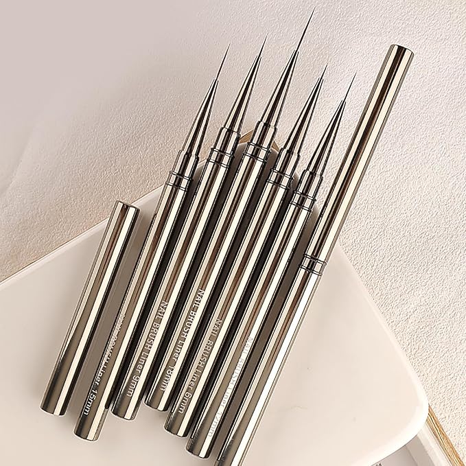 WOKOTO 5Pcs Liner Nail Art Brushes For Acrylic Nails Liner Brushes For Nails Champagne Handles Mix-Size 6mm 9mm 12mm 15mm 18mm Liner Nail Brushes Kit Thin Detail Nail Polish Detail Brushes Set