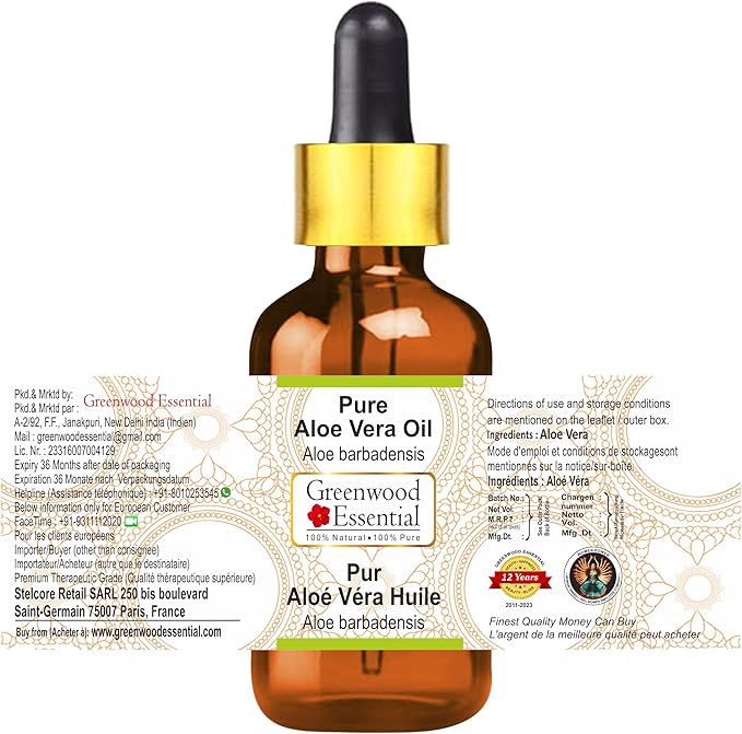 Greenwood Essential Aloe Vera Oil (Aloe barbadensis) with Glass Dropper | Infused | Pure | Non-Sticky | Lightweight | Hydrating Texture | For Skin & Hair | Men & Women | 10ml (0.33 oz)