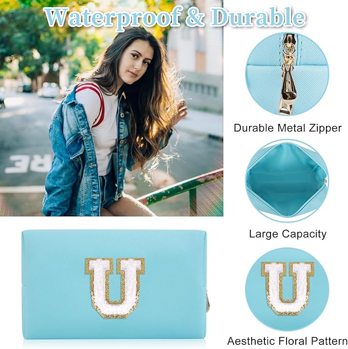 Personalized Initial Letter Patch Makeup Bag, Preppy Portable Chenille Letter Cosmetic Bag with Zipper, PU Leather Waterproof Travel Toiletry Bag Monogram Make Up Pouch for Women Girls