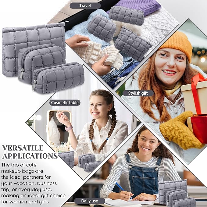 3 Pcs Puffy Makeup Bag Quilted Cosmetic Pouch for Women Cute Checkered Travel Toiletry Bag Puffer Makeup Organizer Purse Pouch Preppy Pencil Case with Zipper