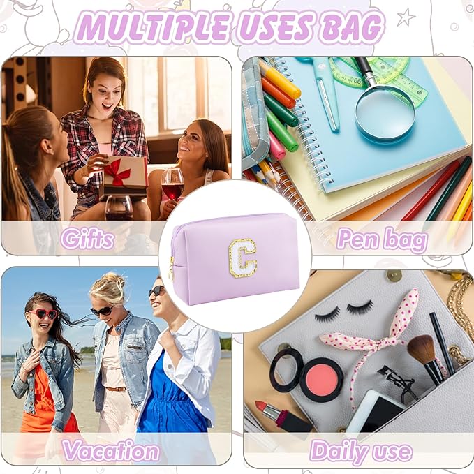 Gifts for Girls Initial Makeup Bag Personalized Cosmetic Bag with Zipper Cute Travel Toiletry Bag Waterproof PU Preppy Makeup Pouch Birthday Gift for Teen Girls Women(Purple C)