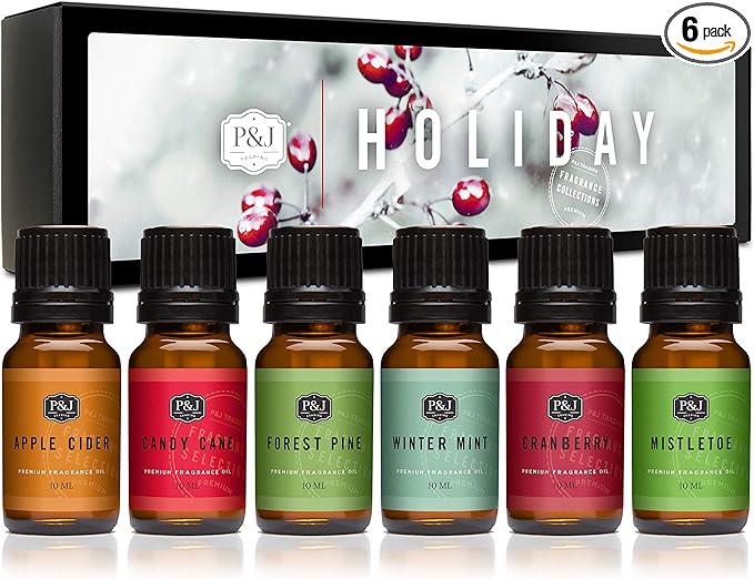 P&J Fragrance Oil Holiday Set | Mistletoe, Candy Cane, Wintermint, Apple Cider, Cranberry, and Forest Pine Candle Scents for Candle Making, Freshie, Soap Making Supplies, Diffuser Oil Scents