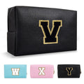 Personalized Initial A-Z Preppy Patch Makeup Bag,Small PU Chenille Letter Cosmetic Bag with Zipper for Teen Girls,Black Cute Toiletry Organizer Bag,Monogram Makeup Case Gift for Women Girls,Letter V