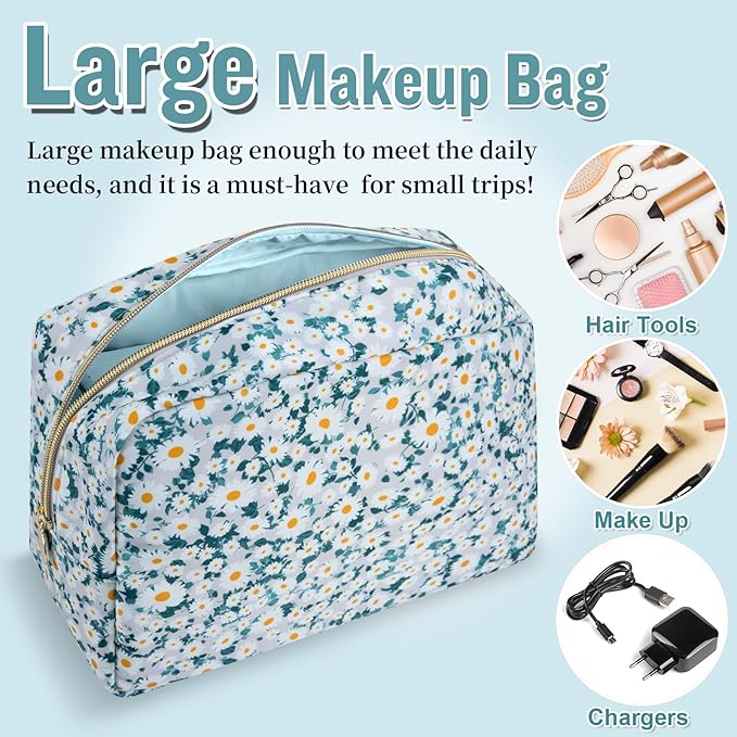 Nylon Large Floral Makeup Organizer Bag, Preppy Big Cute Flower Cosmetic Zipper Pouch Multi-compartment with Dividers, Waterproof Toiletry Makeup Brushes Bag Travel Essentials for Women(Green-Daisy)