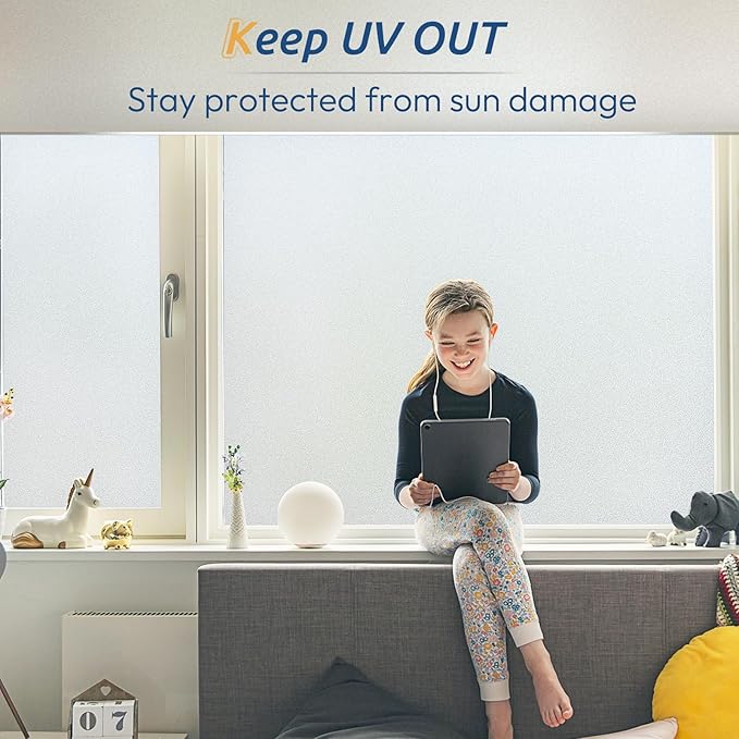 rabbitgoo Window Privacy Film, Frosted Glass Window Clings, Static Cling UV Heat Blocking Door Stickers for Home Bathroom, Removable Indoor Decal Coverings Day and Night, Pure, 35.4 x 118.1 Inches