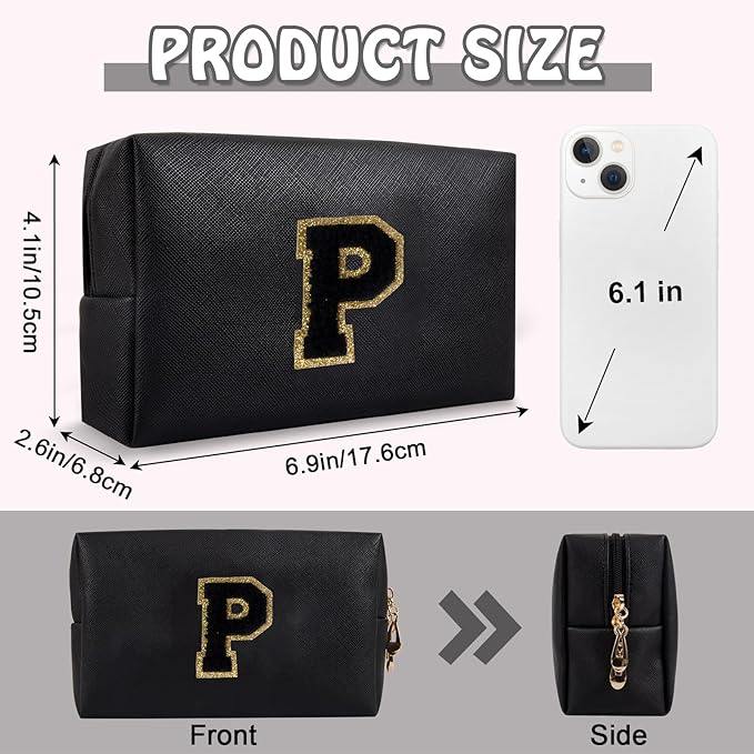 Personalized Initial Preppy Makeup Bag Organizer, Black Small Monogram Cosmetic Bag Travel Toiletry Zipper Pouch for Women, PU Leather Waterproof Make Up Case Proposal Gift for Brides Female(Letter P)