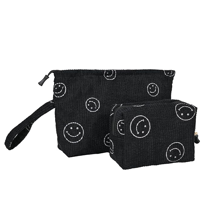 Small Cosmetic Bag set for Women Corduroy Makeup Bag with Interior Pocketes Cute Corduroy Makeup Pouches Women Small Toiletry Bag (Black Smile)