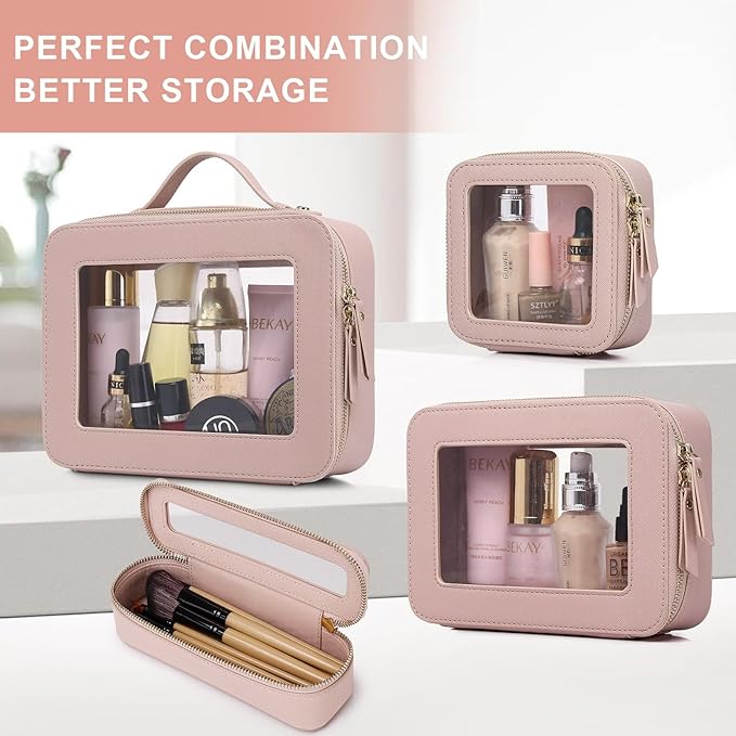 Pinkmik Clear Makeup Bag with Brush Bag 2pcs Waterproof Travel Case for Cosmetics and Toiletries Women's Cosmetic Organizer with Zipper (Pink, L+SLIM)