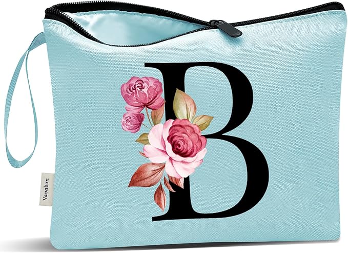 Vavabox A-Z Personalized Makeup Bag, Birthday Gifts for Women Mom, Gifts for Best Friend, Bride Bridesmaid Cosmetic bag (B, Green)