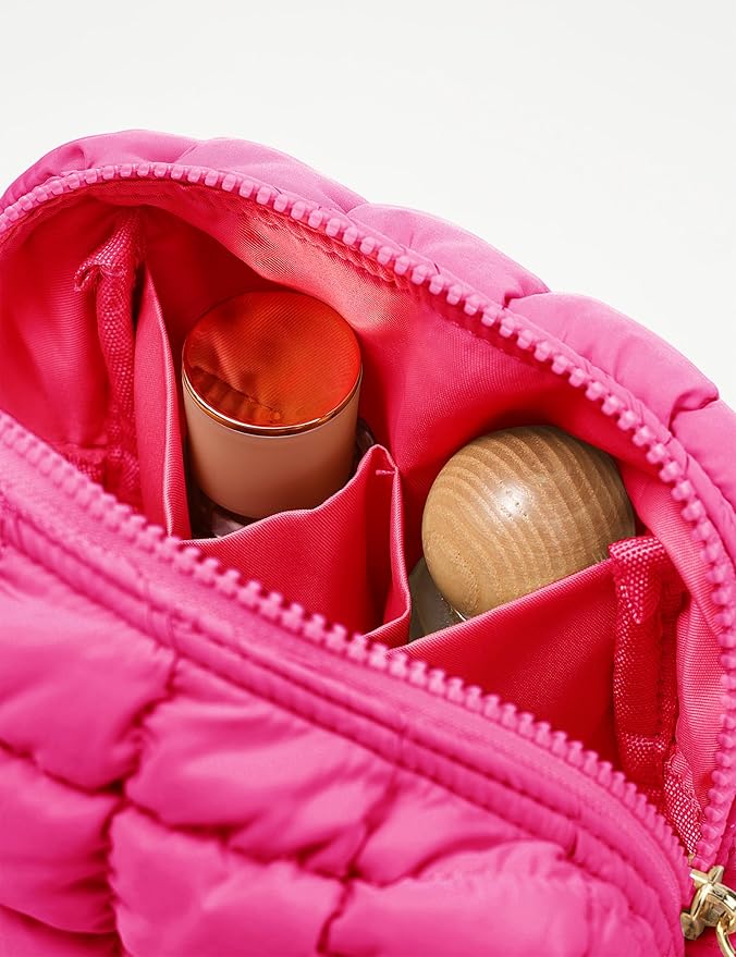Yarnic Quilted Makeup Bag Cosmetic Bag, Travel Toiletry Bag for Women, Cute Makeup Bag Organizer Puffer Makeup Pouch (S, Hot Pink)