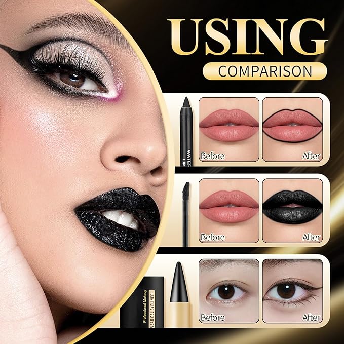 Black Lipstick Halloween Black Lip Liner & Gel Eyeliner Pencil,Matte Black Lipstick Long Lasting Smudge Proof,Velvet Lip Gloss,Non Stick Cup,Suitable for Halloween Cosplay Goth Makeup