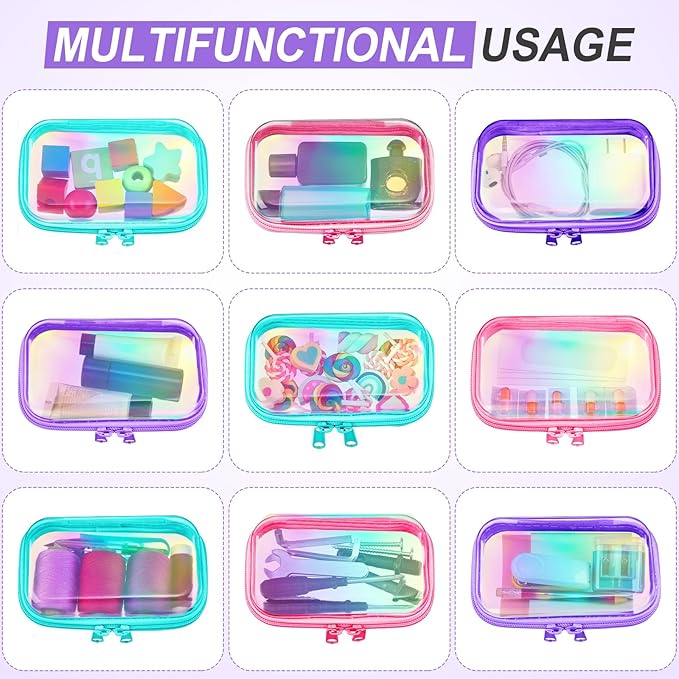 Sanwuta 6 Pcs Clear Hard Zipper Case Hard Plastic Zipper Pouches Makeup Bag Pencil Pouches Transparent Cases for Snacks Plastic Storage Organizer Box for Travel(Holographic,5 x 3 x 2 Inch)