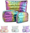Hiroyuki Iridescent Quilted Makeup Bag, 3pcs Cute Makeup Bag Set, Large Capacity Cosmetic Organizer Travel Toiletry Pouch (plain, rainbow)