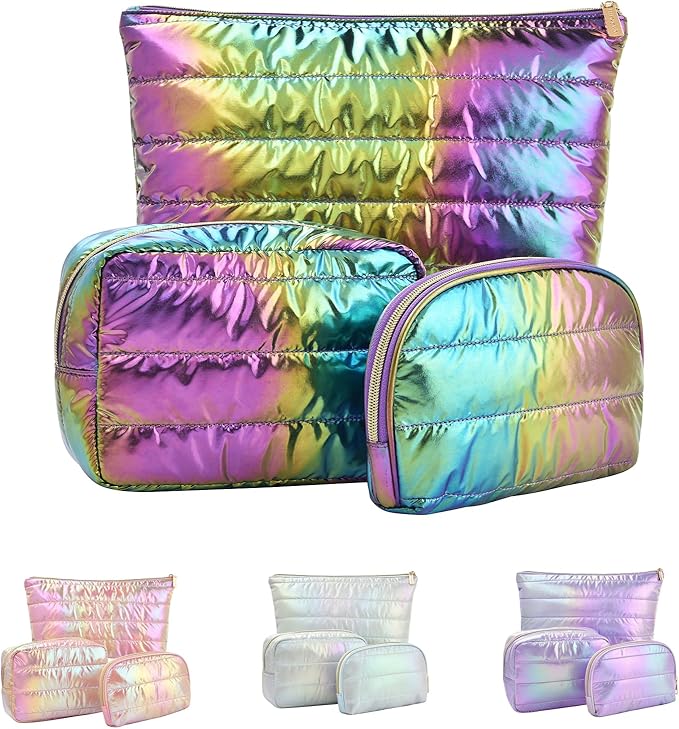 Hiroyuki Iridescent Quilted Makeup Bag, 3pcs Cute Makeup Bag Set, Large Capacity Cosmetic Organizer Travel Toiletry Pouch (plain, rainbow)