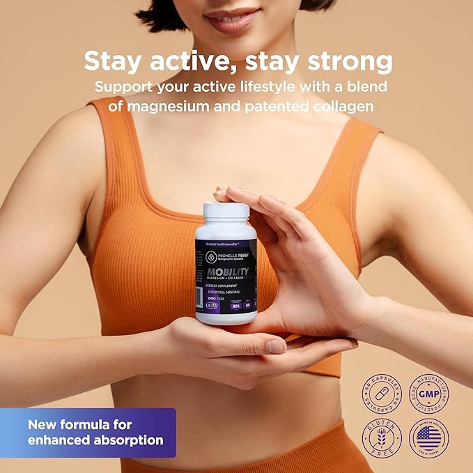 Mobility - Magnesium + Collagen Supplement with Hyaluronic Acid & Vitamin C | Supports Bones, Joints & Muscles | Gluten-Free & Non-GMO | 60 Capsules for Men & Women
