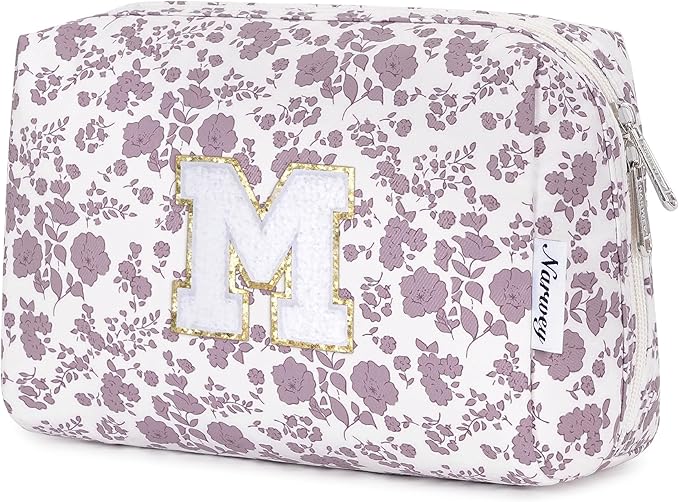 Narwey Birthday Gifts for Teen Girls Kids Women Personalized Initial Floral Makeup Bag Cute Cosmetic Trendy Stuff 6 8 10 11 12 13 14 16 18 Years Old Travel Toiletry Bag (Little Dusty Pink Flower M)