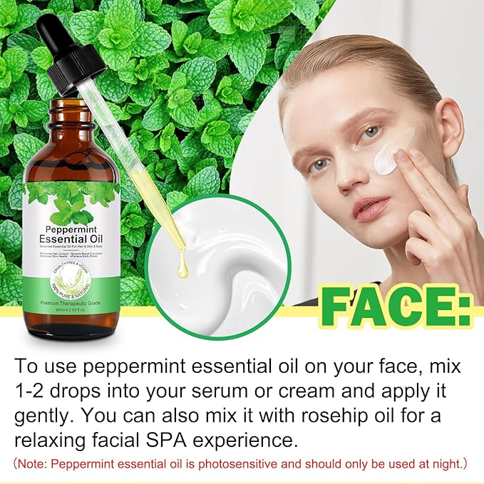 Peppermint Essential Oil 60ml, Natural Peppermint Oil for Hair Growth & Dandruff Removal - Perfect for Aromatherapy, Scalp and Body Massage, Refreshes, 2.02 fl.oz