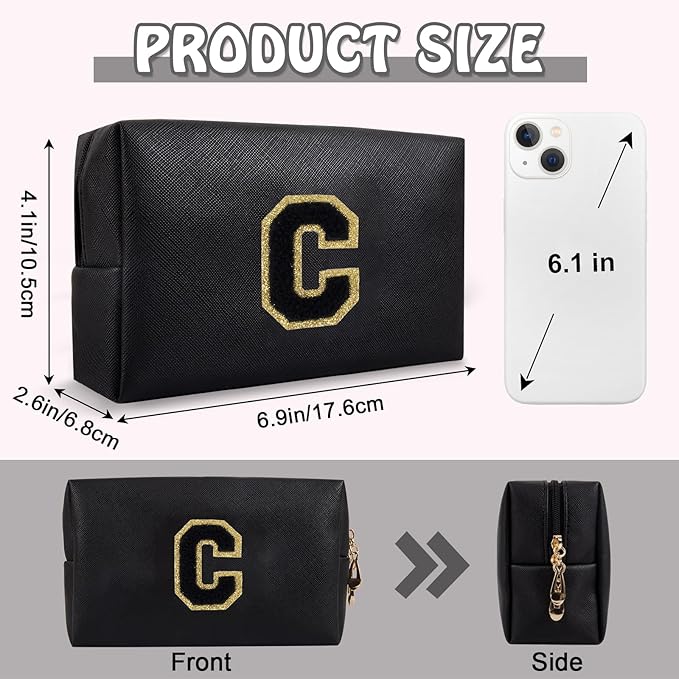Personalized Initial Preppy Patch Makeup Bag, Small Cute Black Travel Toiletry Pouch Monogram Cosmetic Organizer with Zipper, PU Waterproof Make Up Case Storage Gift for Coworker Teacher Her(Letter C)