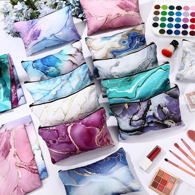 Hillban 36 Pcs Marble Makeup Bags Marble Gifts Cosmetic Bags for Women Travel Toiletry Pouch with Zipper Portable Organizer Pouch for Cosmetics Makeup Brushes, 12 Styles