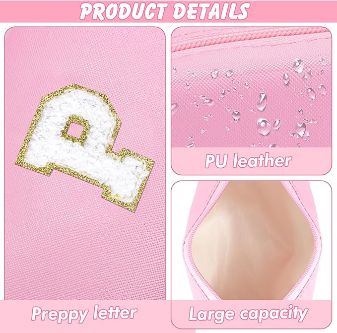 Initial Makeup Bag Personalized Preppy Travel Small Cosmetic Bag Cute PU Pink Chenille Letter Makeup Pouch for Purse Waterproof Zippered Toiletry Organizer for Women Girls Kids Friends (P)
