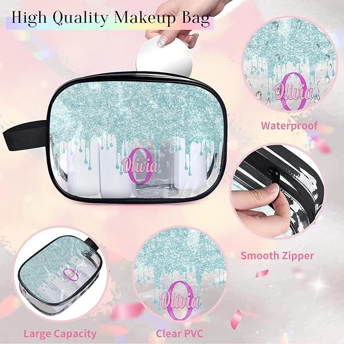 Custom Clear Makeup Toiletry Bag, Personalized Travel Cosmetic Organizer Case Portable Bag with Zipper, Lavender Purple, Light Blue Curtain Glittering