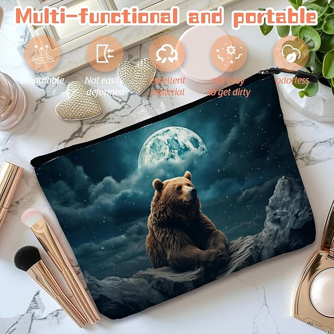 Cosmetic Bags Travel Makeup Toilet Case Waterproof Pouch for Women Girls 6.7X9.45inches - Brown Bear on Rock Under A Starry Sky And Moon